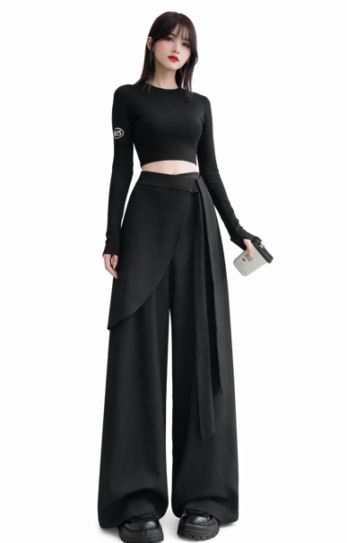wrap-panel wide-leg trousers with draped overlay – ONYX
