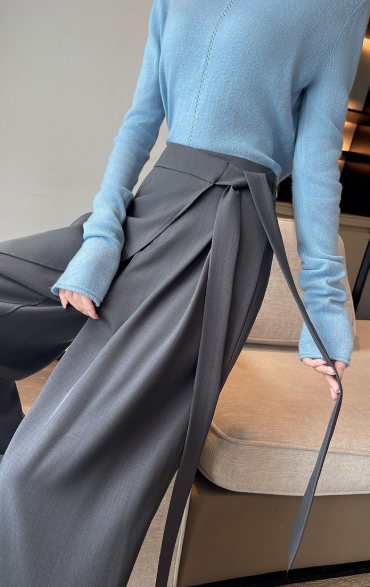 wrap-panel wide-leg trousers with draped overlay – ONYX