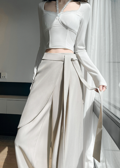 wrap-panel wide-leg trousers with draped overlay – ONYX