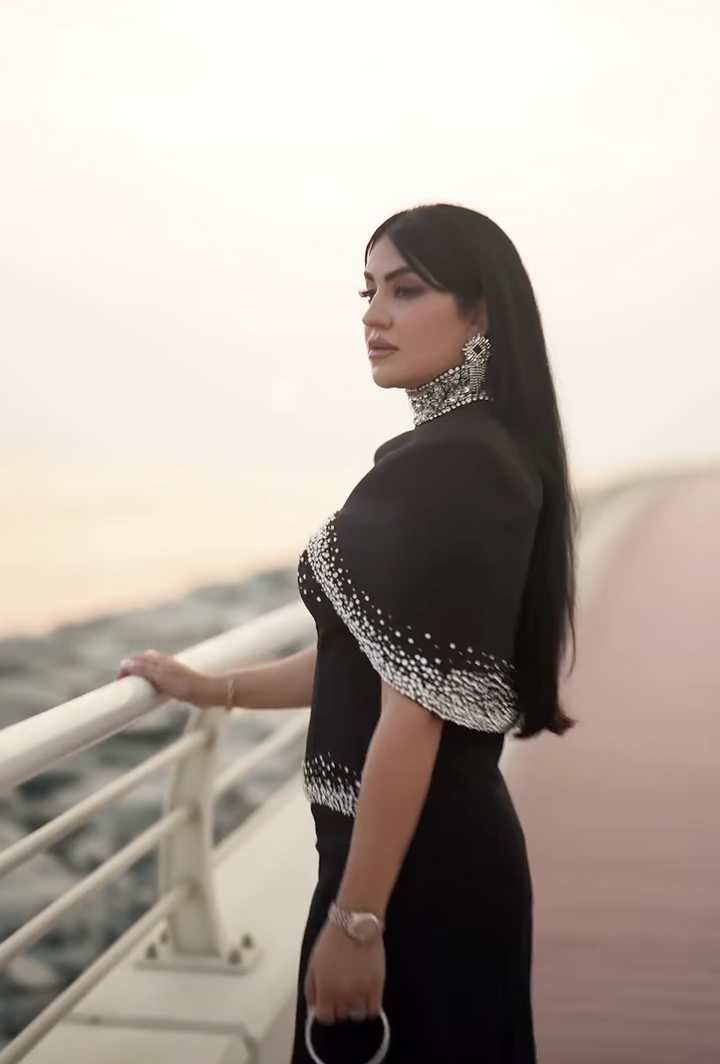 High-Neck Column Dress with Embellished Cape Detail - ELYSIA