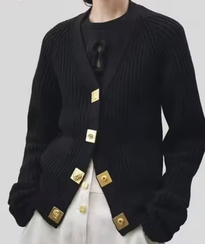ribbed knit cardigan with gold buttons – COCOA