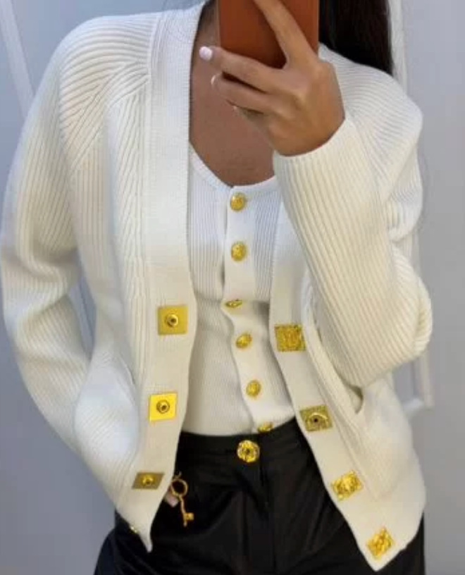 ribbed knit cardigan with gold buttons – COCOA