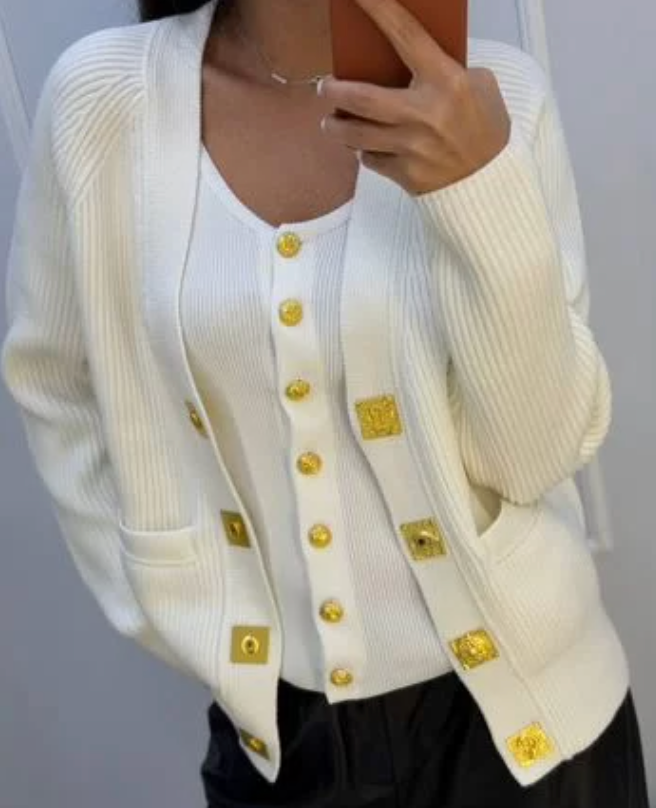 ribbed knit cardigan with gold buttons – COCOA