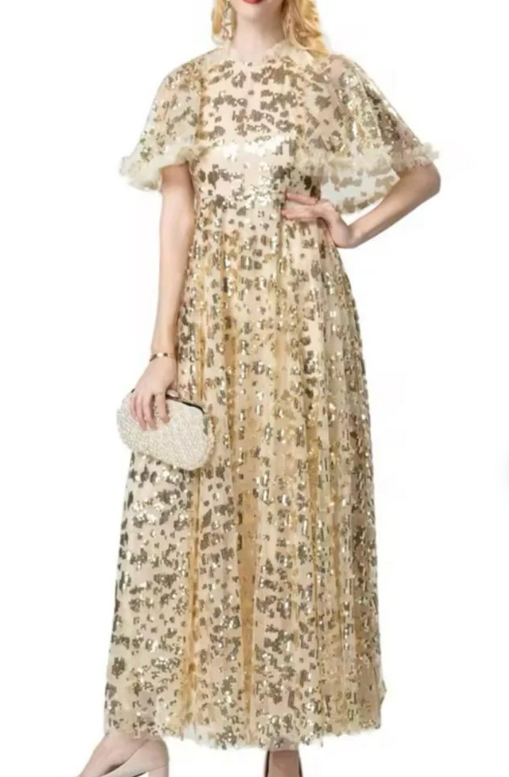 فستان ميدي من الدانتيل والترتر بأكمام منفوشة – أوريليا