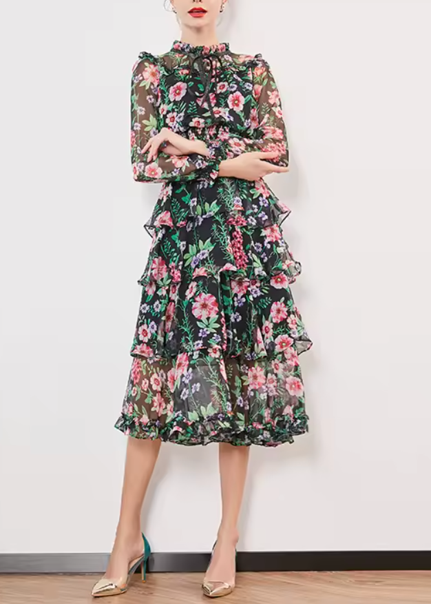 فستان شيفون متوسط ​​الطول بطبعة زهور وفتحة رقبة مزينة بفيونكة – فلورا