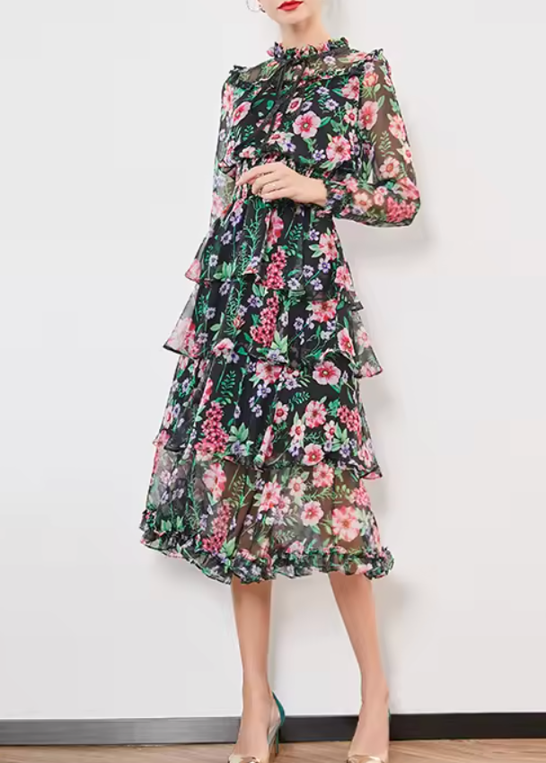 فستان شيفون متوسط ​​الطول بطبعة زهور وفتحة رقبة مزينة بفيونكة – فلورا