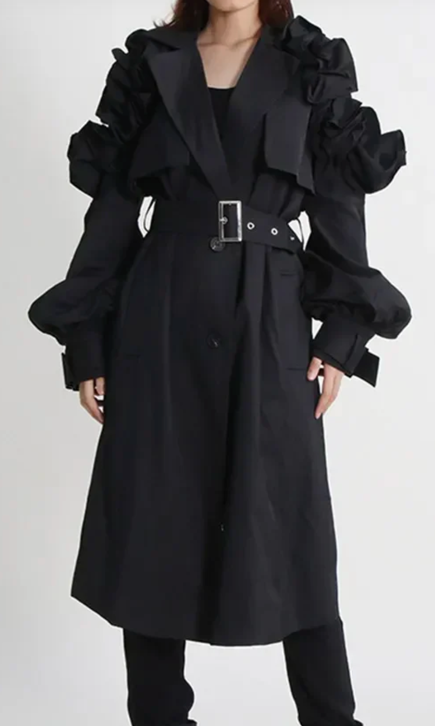 Structured Trench Jacket with Ruffled Sleeves – ELARA