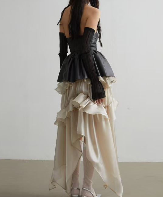 high-waist ruffled satin skirt with asymmetric hem – ELIORA