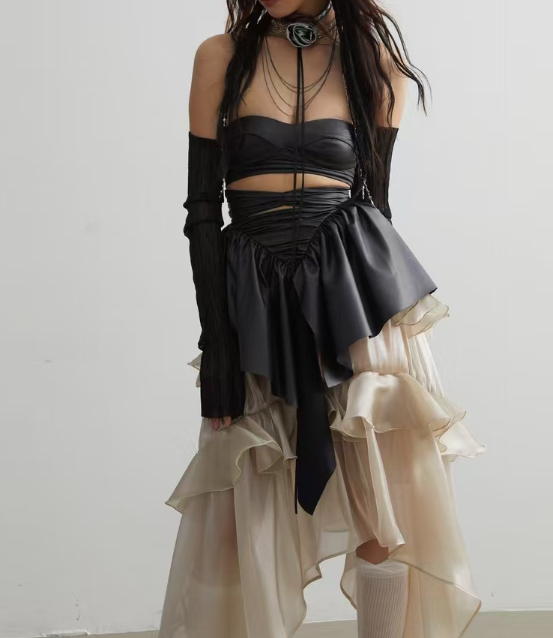 high-waist ruffled satin skirt with asymmetric hem – ELIORA