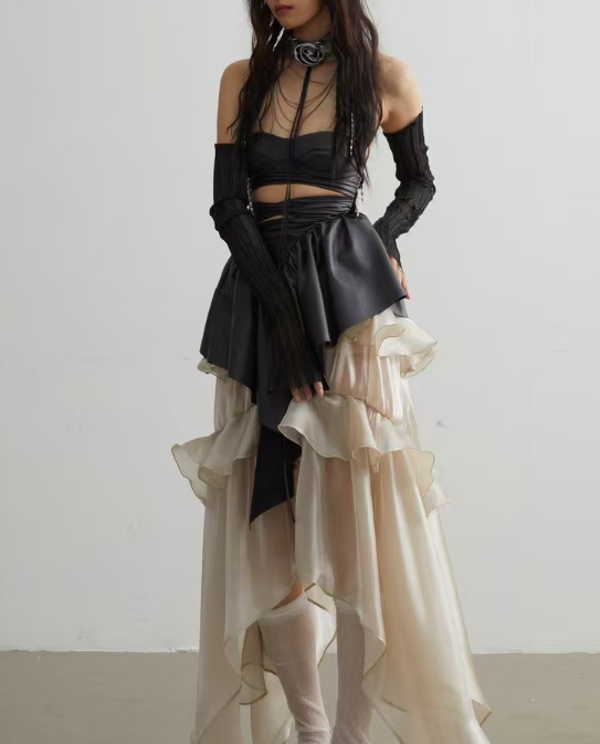 high-waist ruffled satin skirt with asymmetric hem – ELIORA