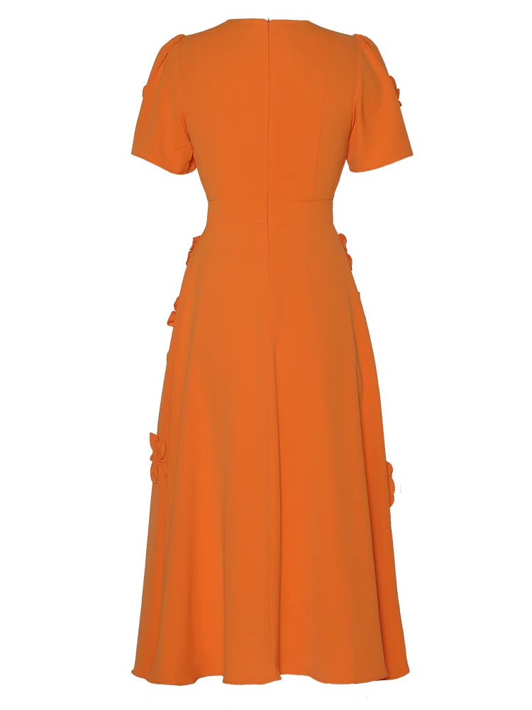 short-sleeve midi dress with 3D floral appliqués - BLOOMIQ