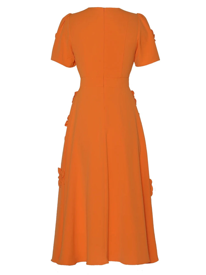 short-sleeve midi dress with 3D floral appliqués - BLOOMIQ