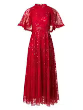 فستان ميدي من الدانتيل والترتر بأكمام منفوشة – أوريليا