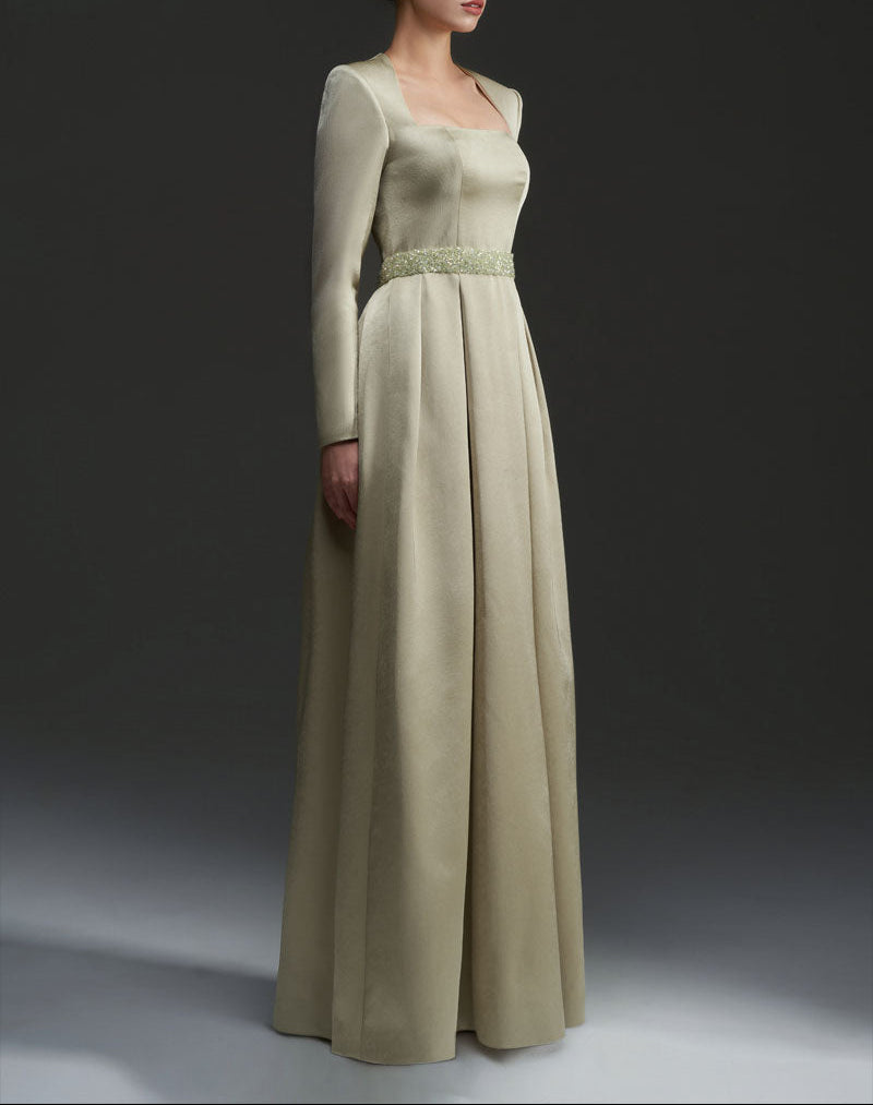 square-neck satin gown with embellished waist – SERENA