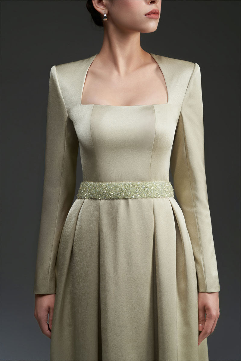 square-neck satin gown with embellished waist – SERENA