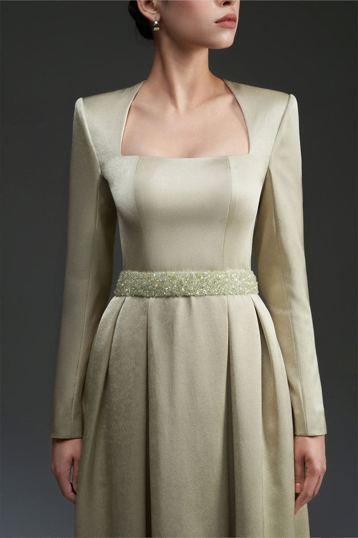 square-neck satin gown with embellished waist – SERENA