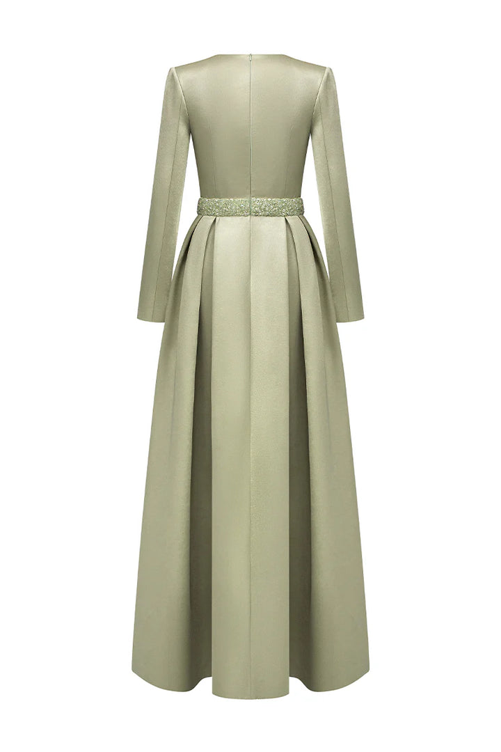 square-neck satin gown with embellished waist – SERENA