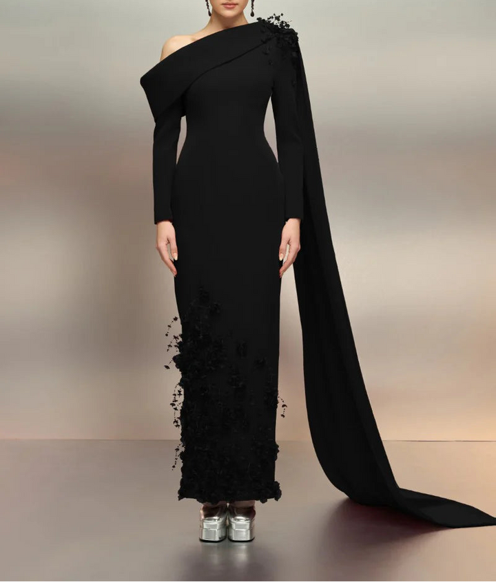 فستان مزين بكتف واحد مع وشاح منسدل – سيلفينا