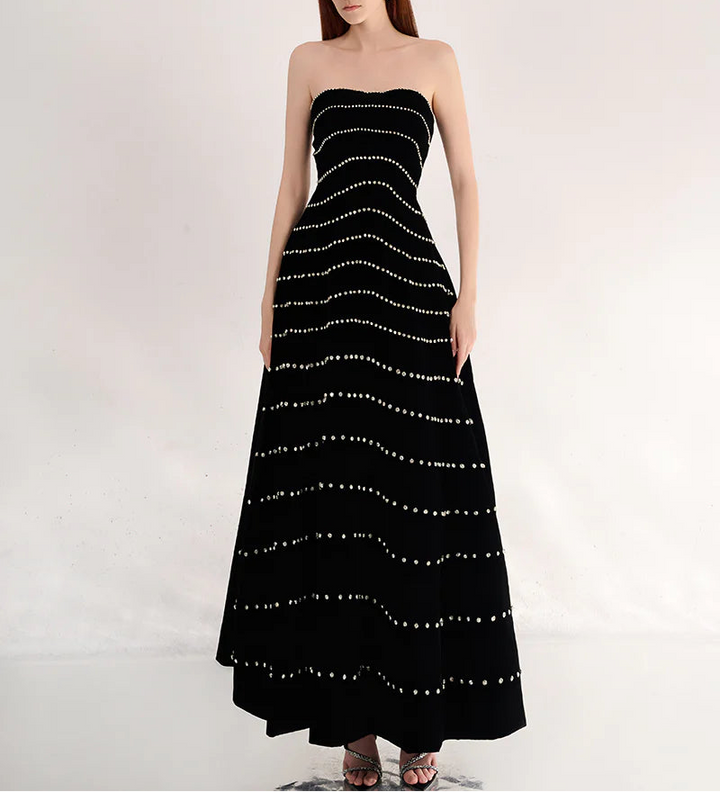 strapless velvet gown with pearl stripe embellishments – MARISEL