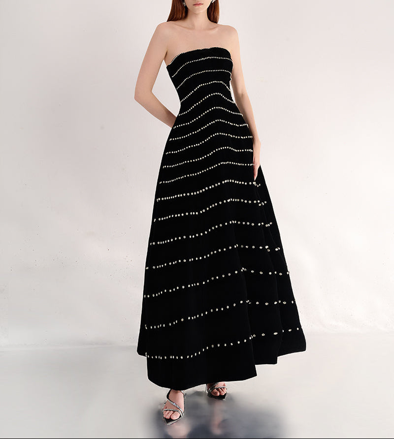 strapless velvet gown with pearl stripe embellishments – MARISEL
