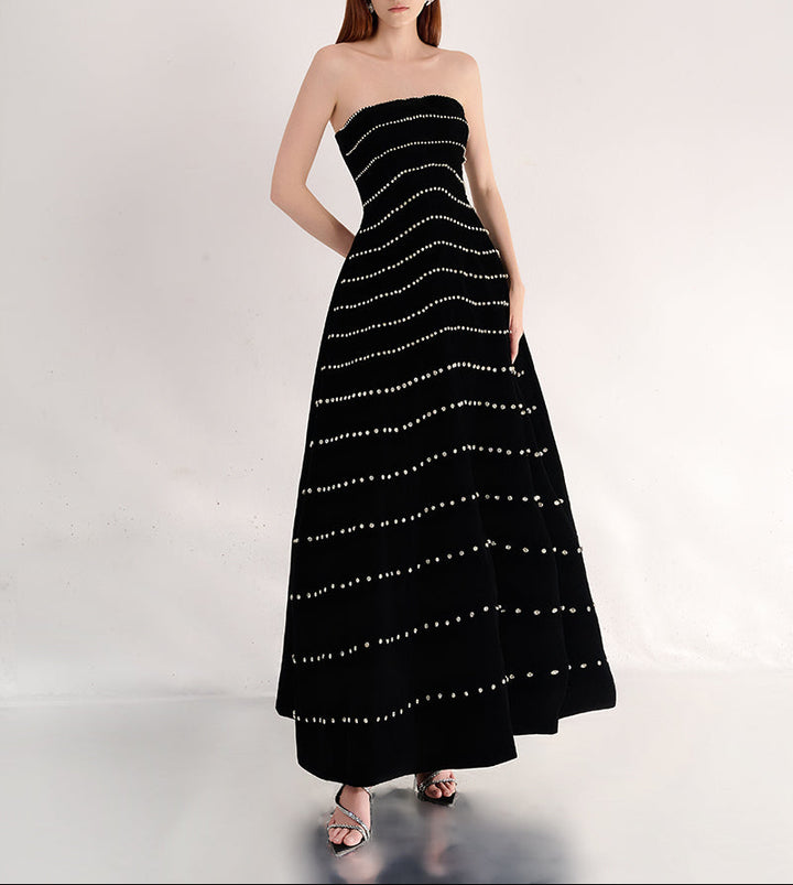 strapless velvet gown with pearl stripe embellishments – MARISEL