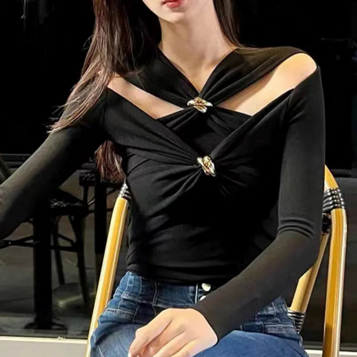 off-shoulder draped top with gold clasp detail – SERAPHINE