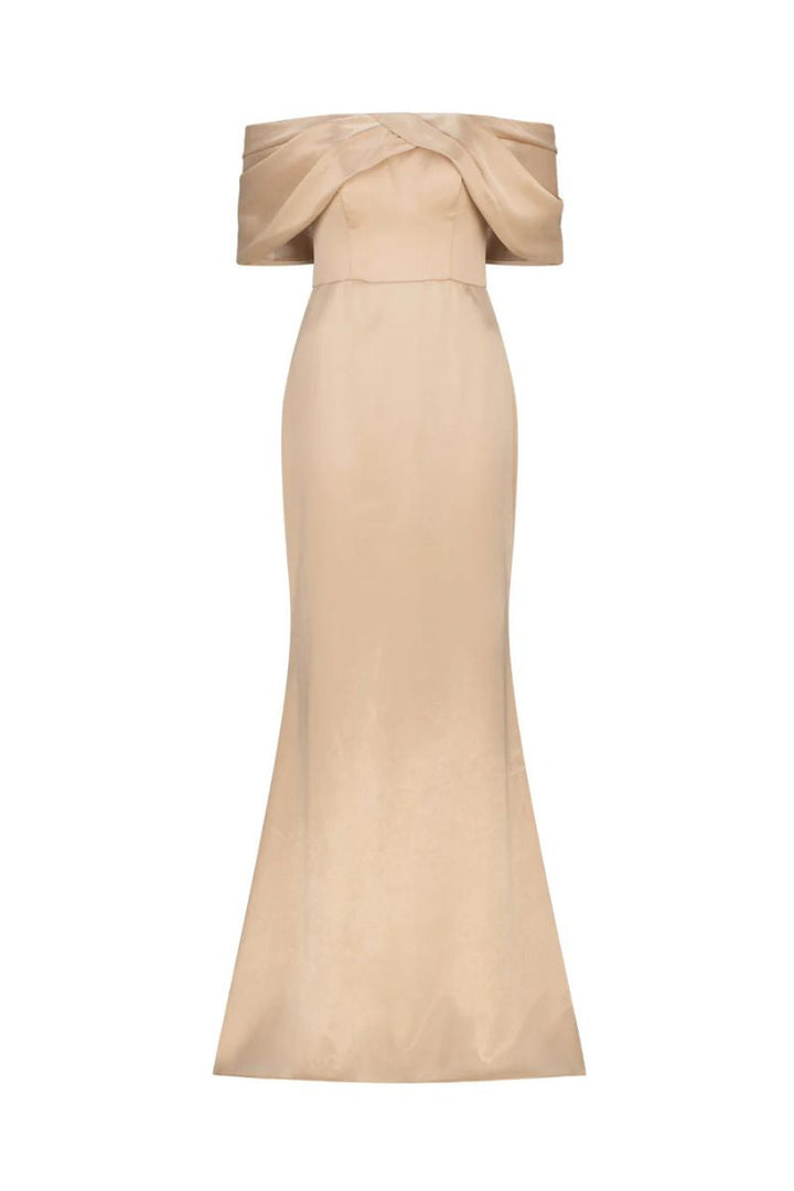 فستان ساتان مكشوف الكتفين مع فتحة رقبة مطوية – الشمبانيا