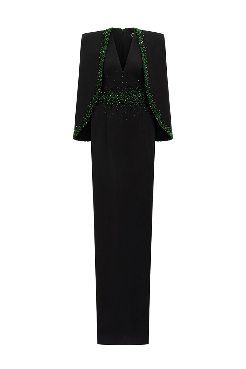 plunging v-neck gown with embellished cape – EMERALD