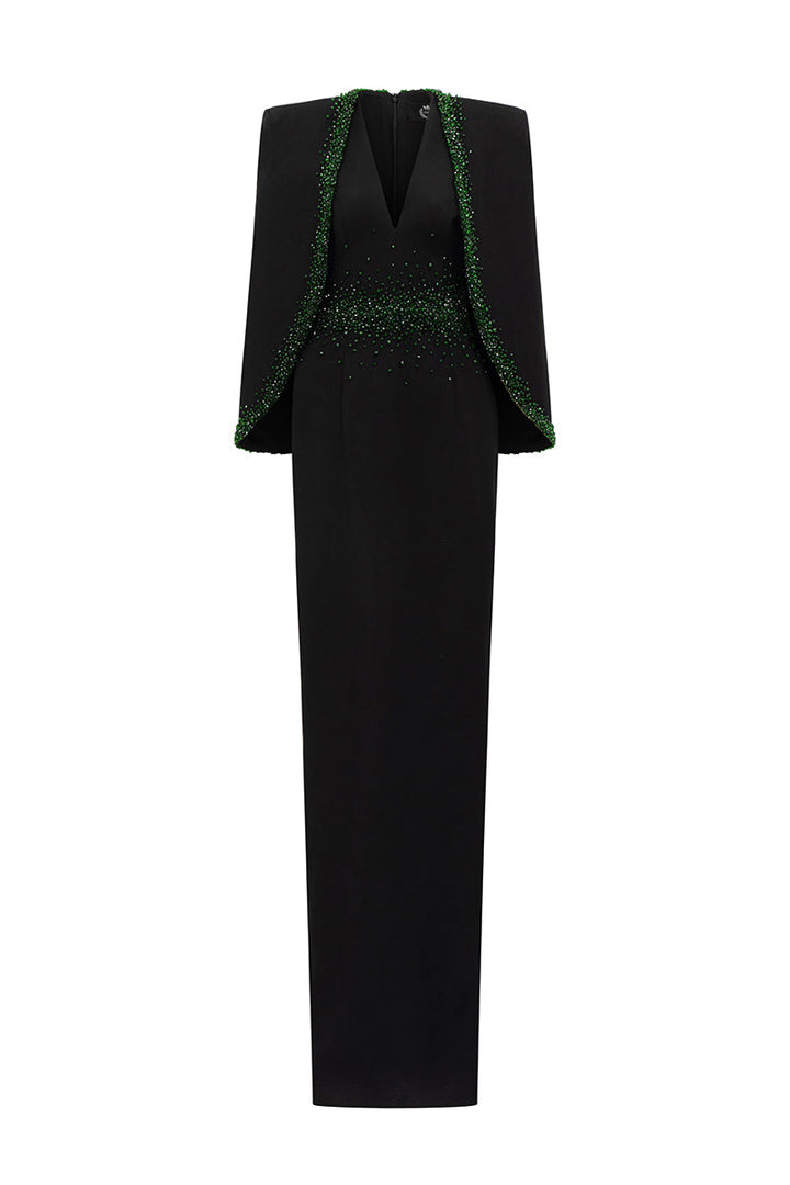 plunging v-neck gown with embellished cape – EMERALD