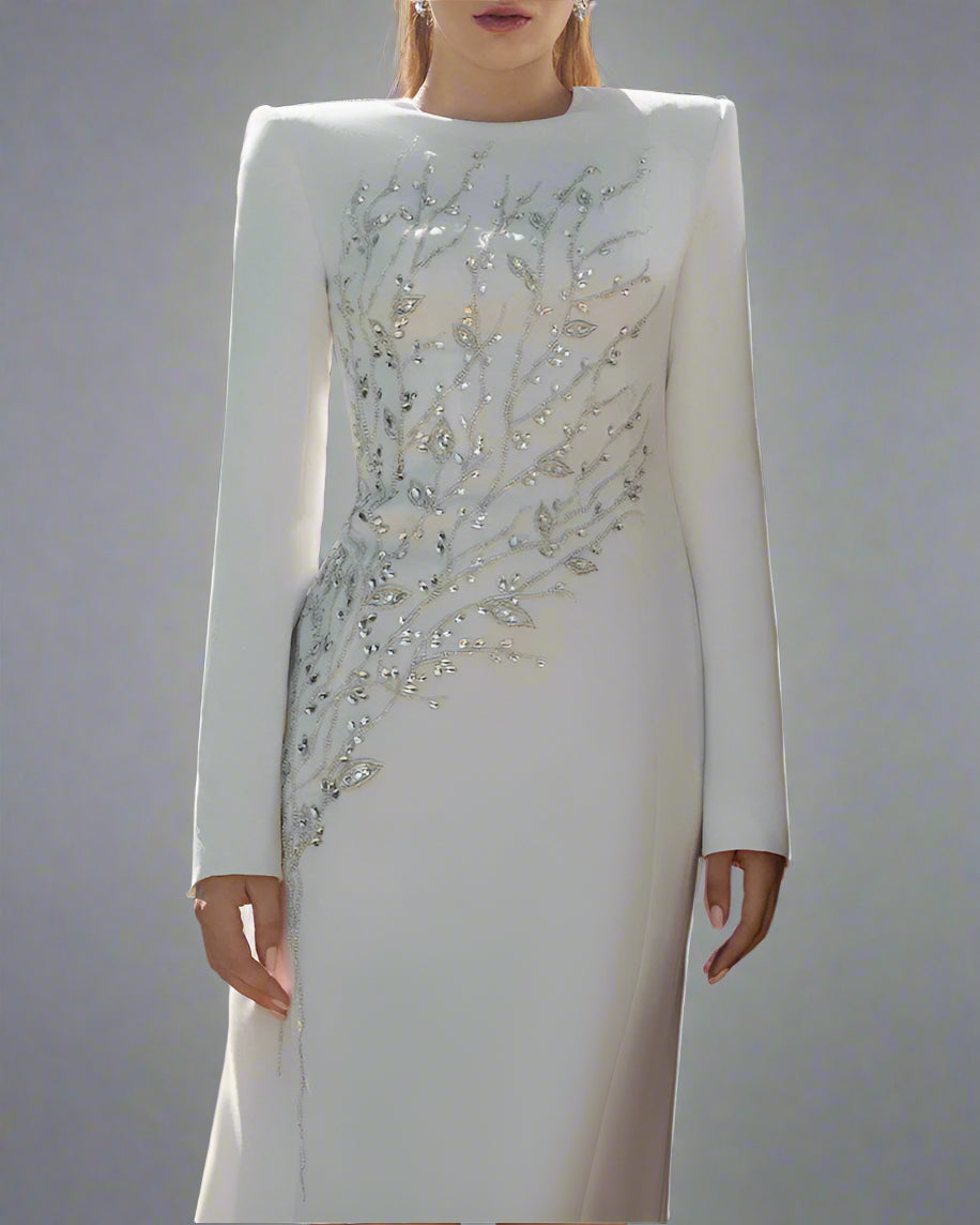 long-sleeve column gown with sequin branch embroidery – AUROZLI