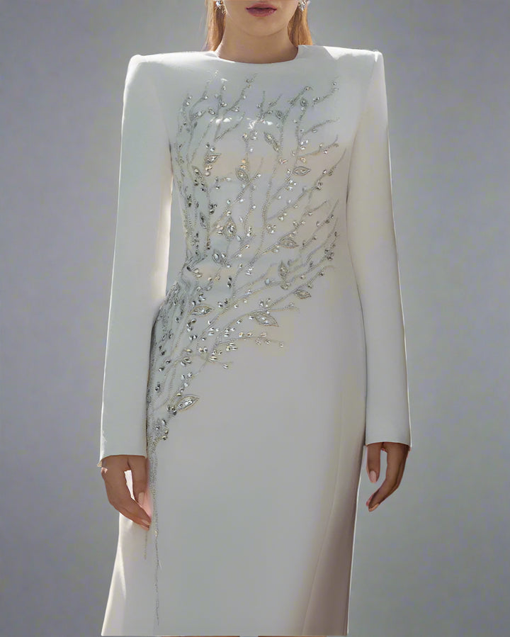 long-sleeve column gown with sequin branch embroidery – AUROZLI