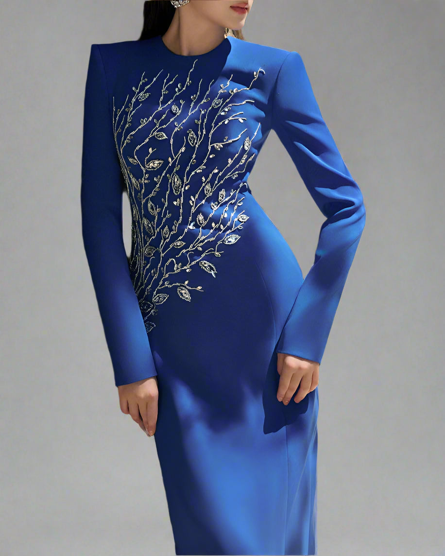 long-sleeve column gown with sequin branch embroidery – AUROZLI