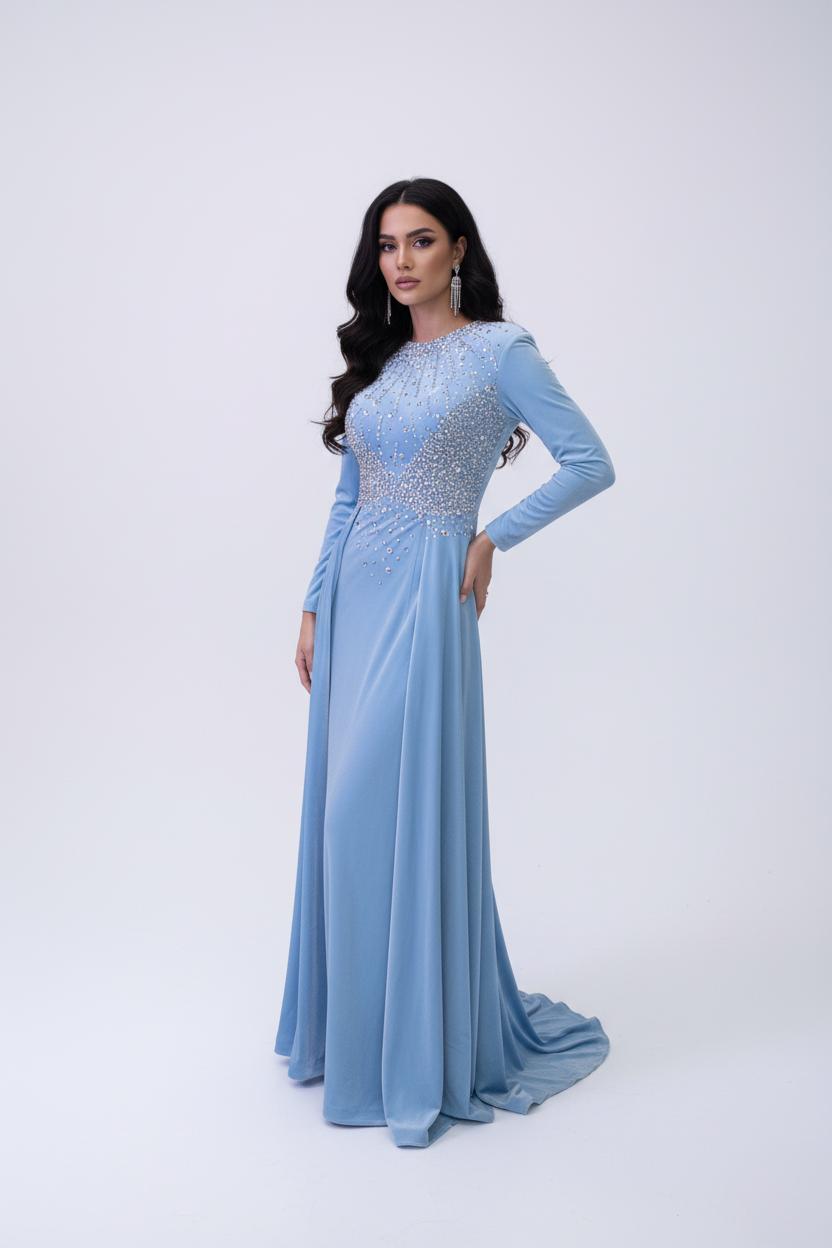long-sleeve gown with embellished bodice and flowing cape – AURORAZIA