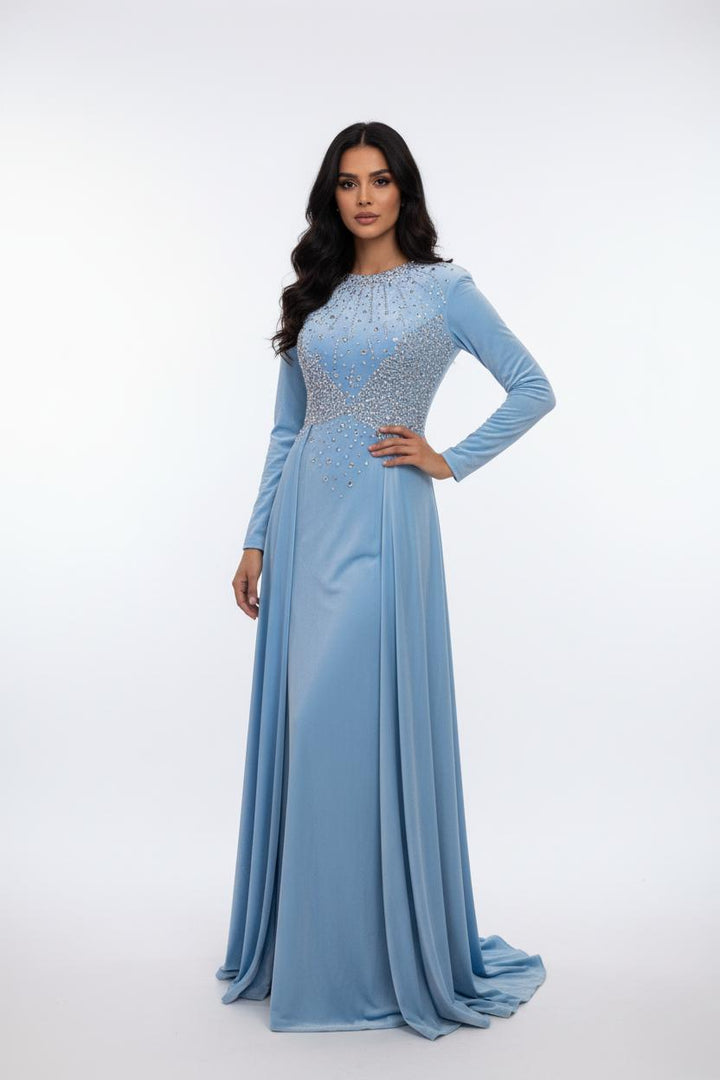 long-sleeve gown with embellished bodice and flowing cape – AURORAZIA