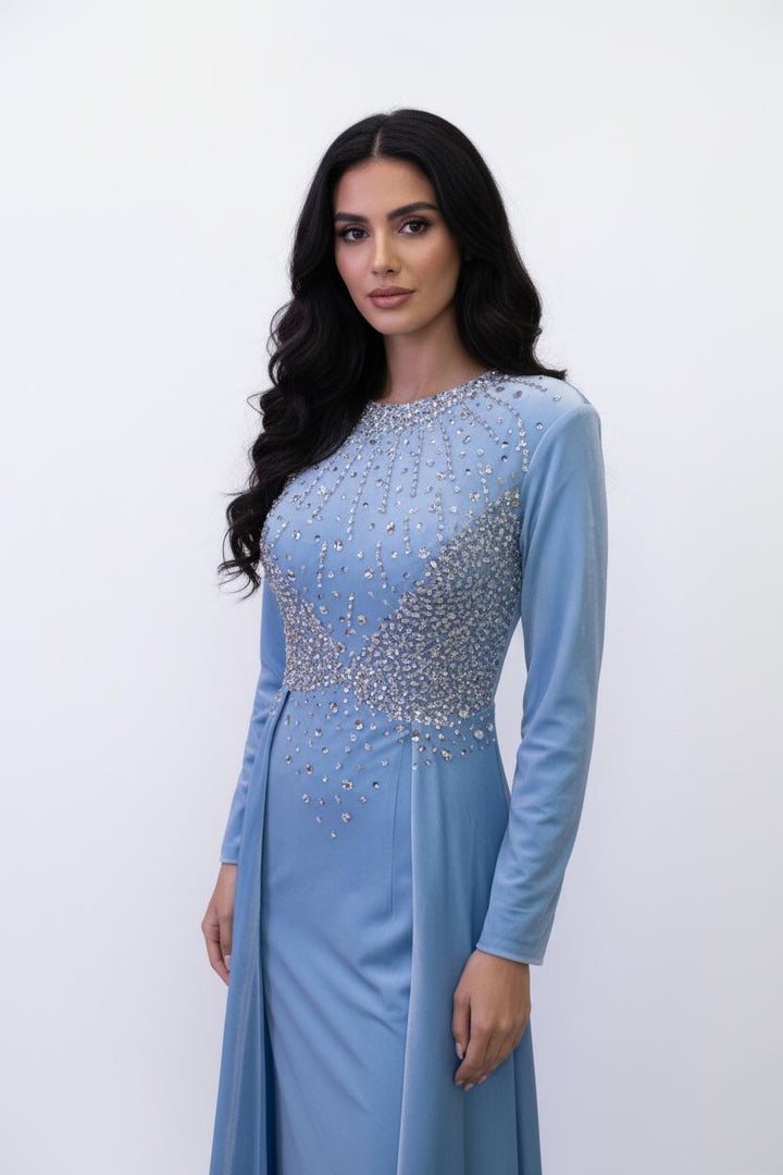 long-sleeve gown with embellished bodice and flowing cape – AURORAZIA
