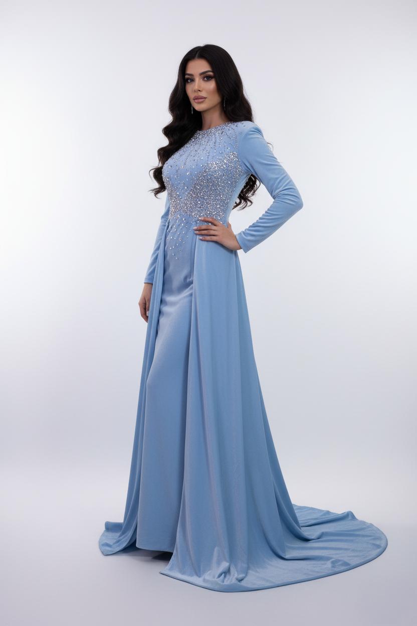 long-sleeve gown with embellished bodice and flowing cape – AURORAZIA