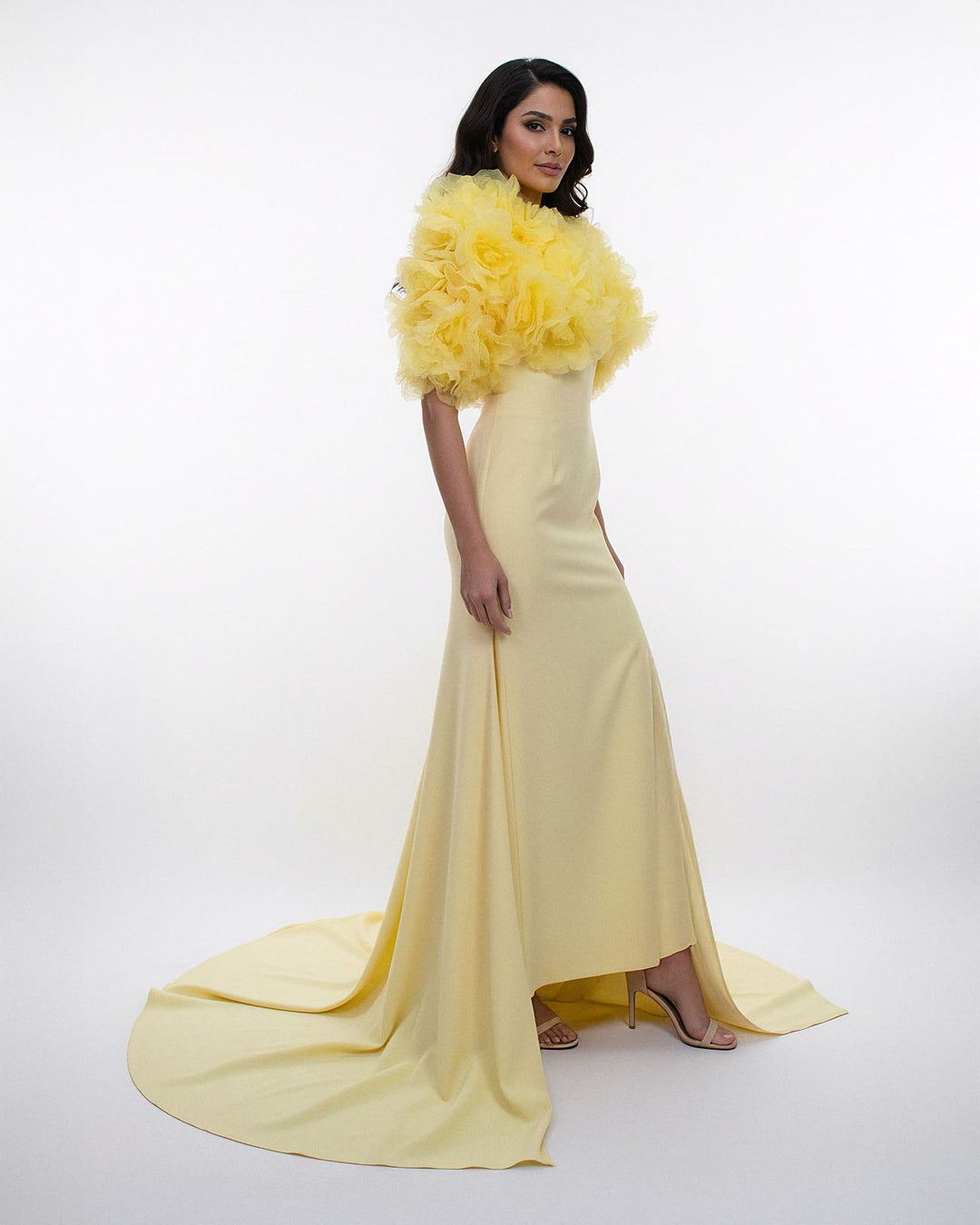 sleeveless gown with voluminous tulle shoulder cape – AURELIAZI