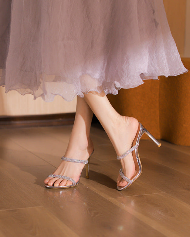 rhinestone strap metallic heeled sandals – AURACIV