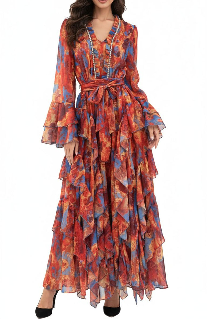 printed wrap dress with layered ruffle hem – SERENABU