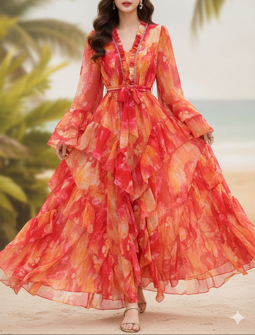 printed wrap dress with layered ruffle hem – SERENABU