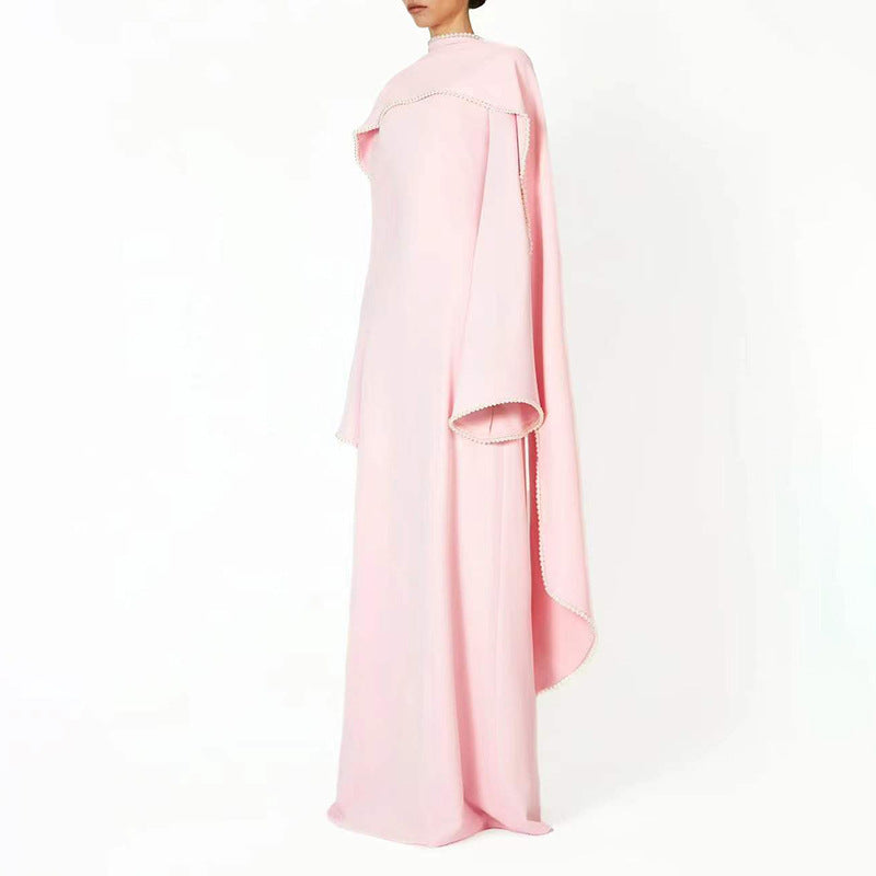 long-sleeve column gown with draped cape trim – CELEVTER