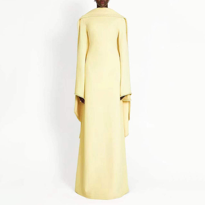 long-sleeve column gown with draped cape trim – CELEVTER