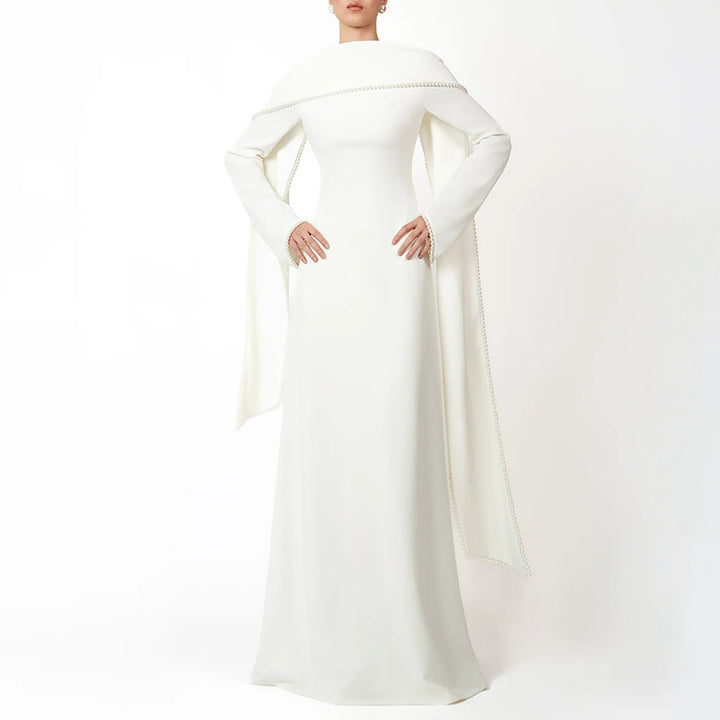 long-sleeve column gown with draped cape trim – CELEVTER