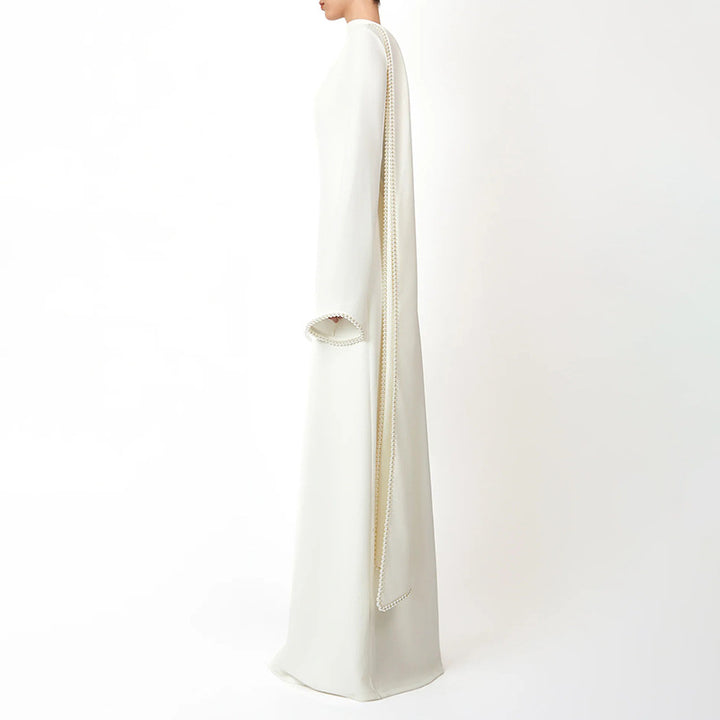 long-sleeve column gown with draped cape trim – CELEVTER