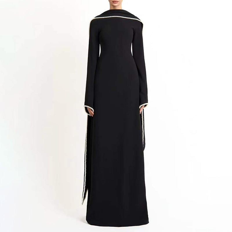 long-sleeve column gown with draped cape trim – CELEVTER