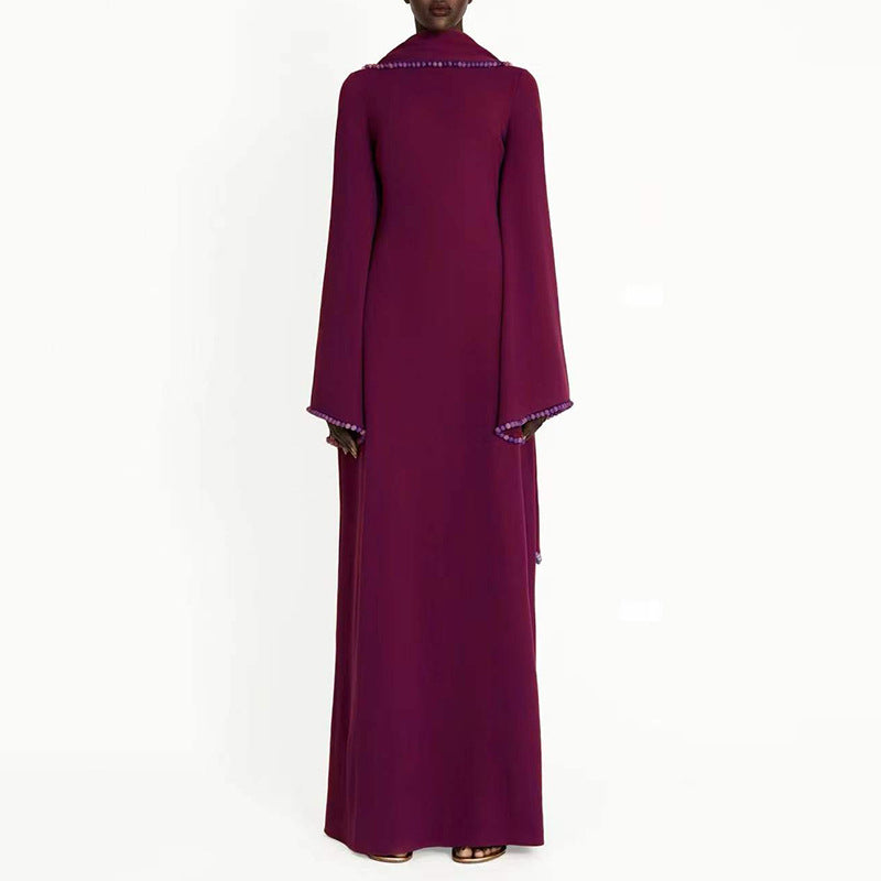 long-sleeve column gown with draped cape trim – CELEVTER