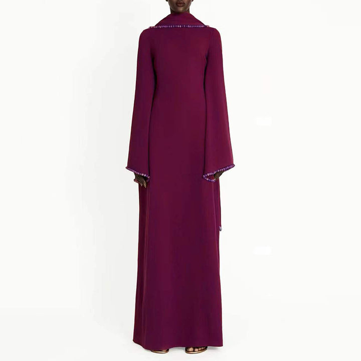 long-sleeve column gown with draped cape trim – CELEVTER