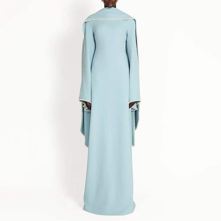 long-sleeve column gown with draped cape trim – CELEVTER