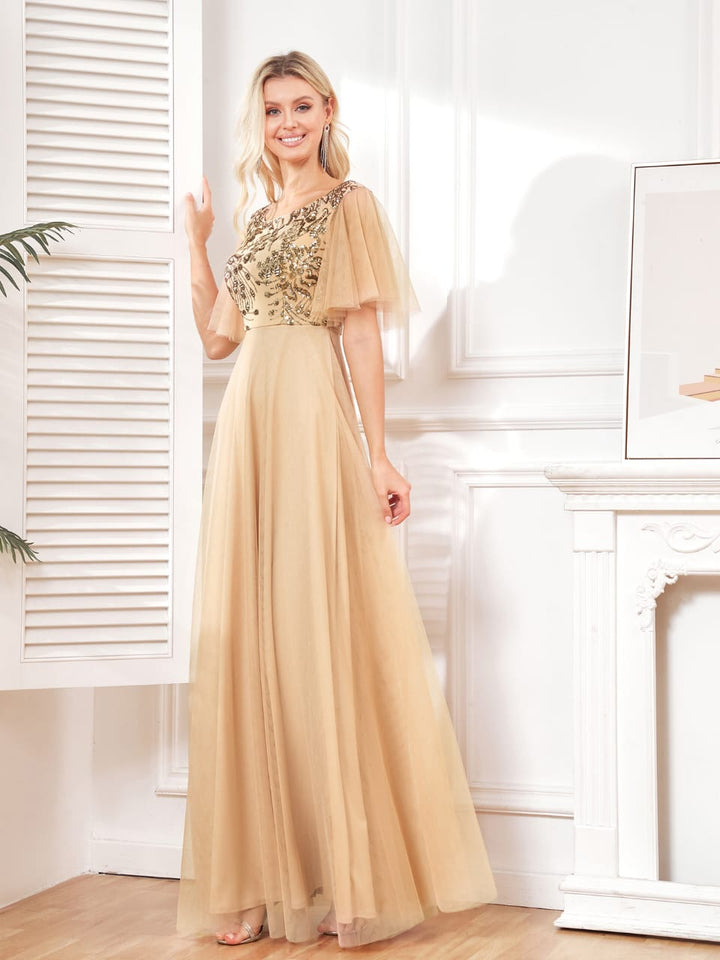 embroidered tulle gown with flutter sleeves – VELINE