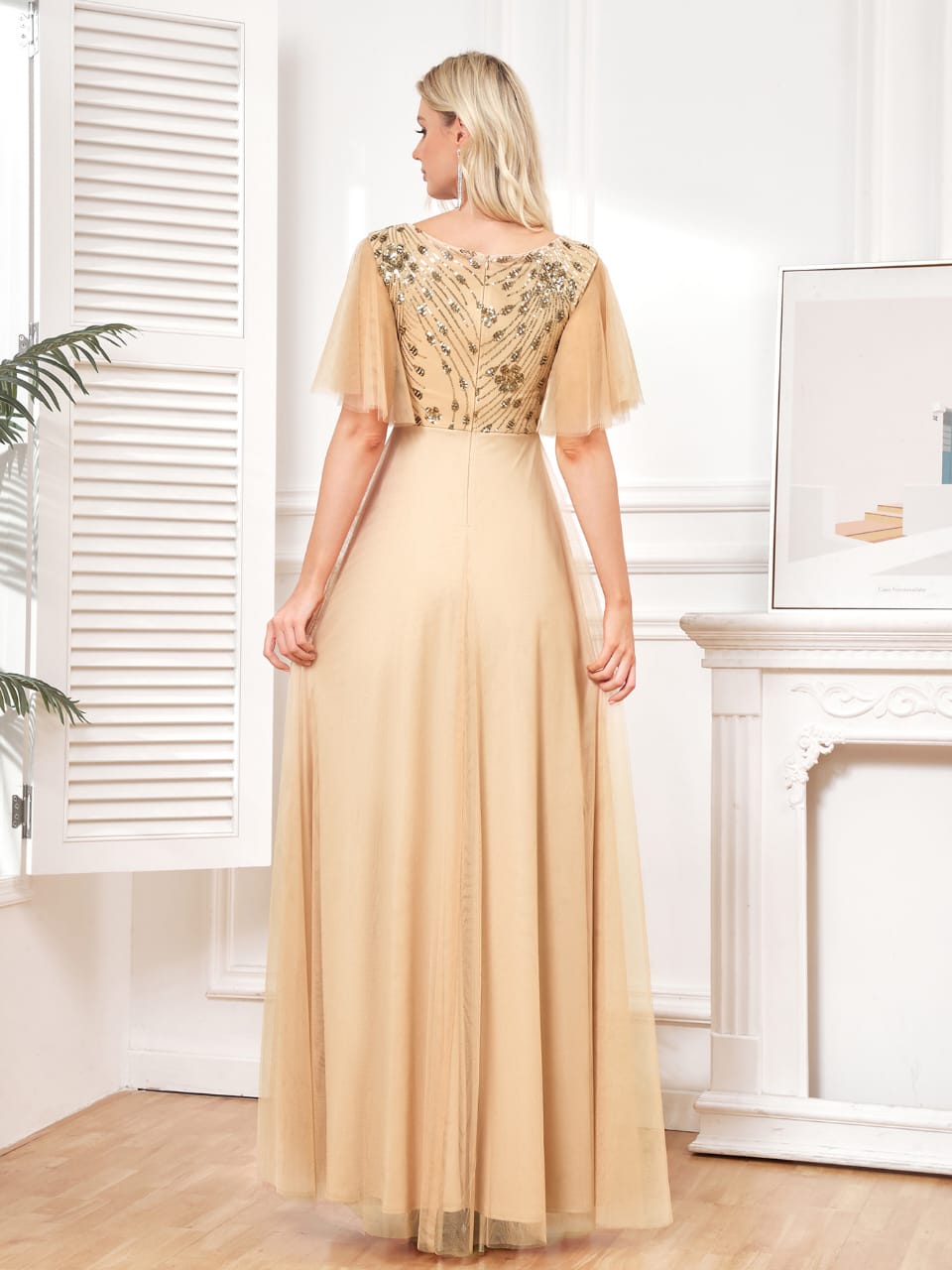 embroidered tulle gown with flutter sleeves – VELINE